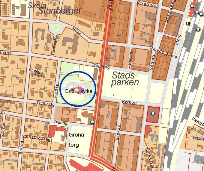 Skånekarta över kommuner, Eslövs kommun färgmarkerad Eslövs kyrka, markerad inom
