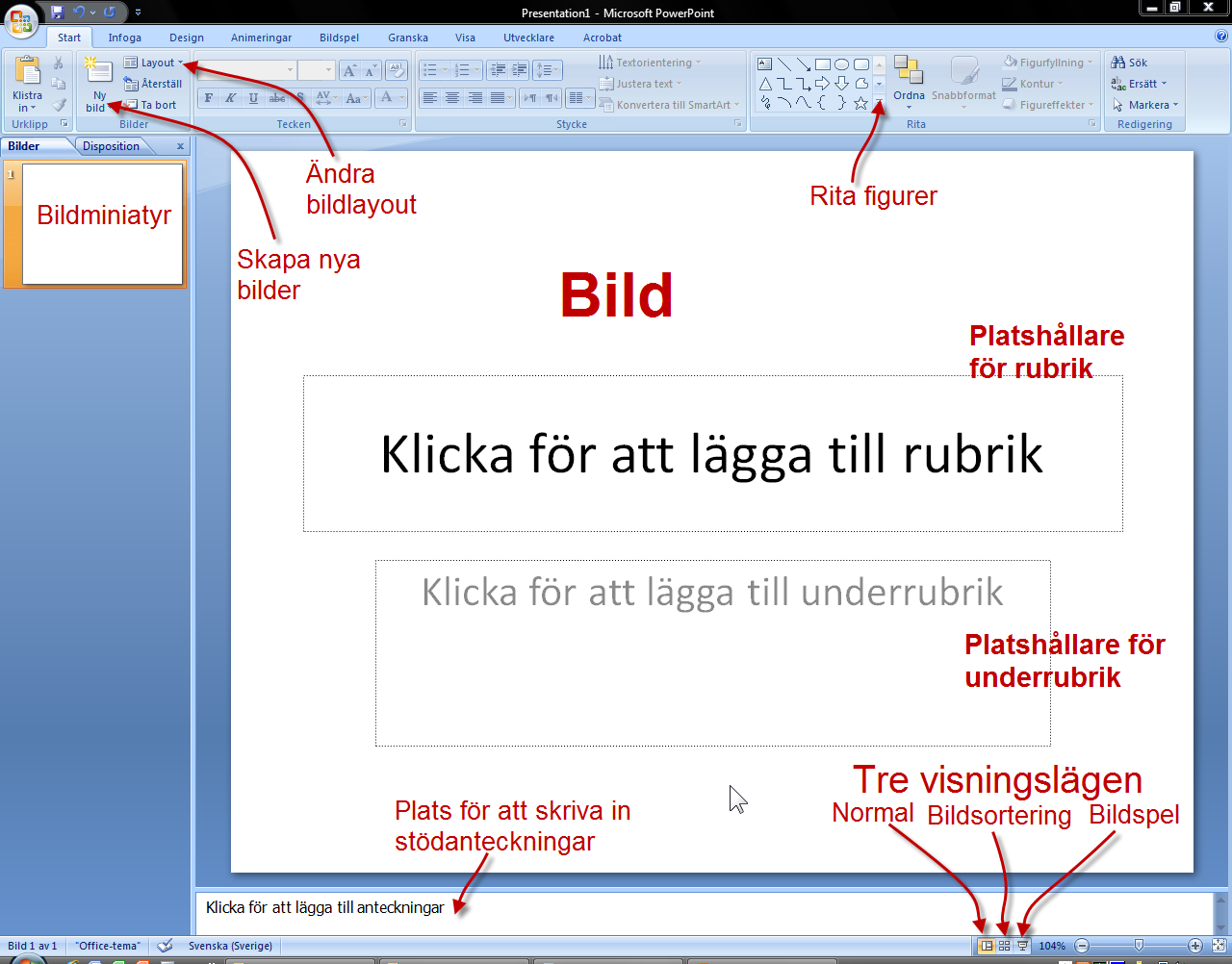 Rundtur Gränssnitt, titta på ett bildspel, Ny bild, layout Microsoft Office Powerpoint 2007 När du startar Powerpoint öppnas din första presentation.