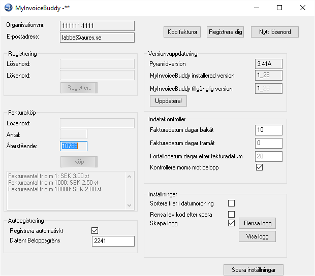 2 Programunderhåll För att uppdatera samt köpa fler fakturor, gå in i rutin 5675. 2.1 Organisationsnummer Det bolag som programmet är licensierat till. Alla mallar som sparas kopplas till detta org.