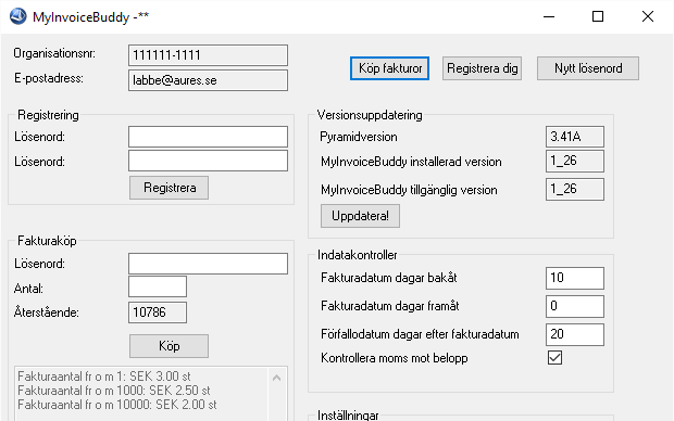 2.4 Knappen registrera dig: Görs första gången man får programmet, när man trycker på knappen så visas lösenordsrutorna. Ange det lösenord du vill ha (två gånger) och tryck sedan på Registrera.