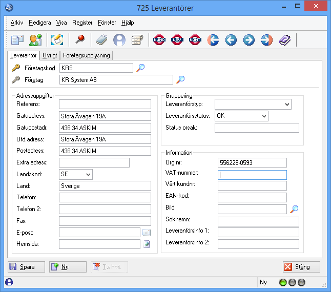 Kontrollera att organisationsnummer är ifyllt på leverantören i rutin 725 i fältet Org.