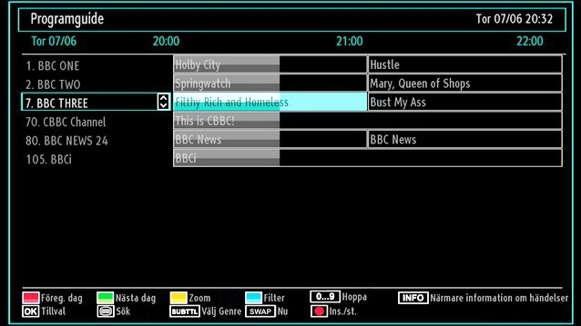 Grön knapp: Programschemat listas Gul knapp: Visa EPG-data i enlighet med tidsföljdsbaserat schema Blå knapp (filter): Visar filtreringsalternativ.