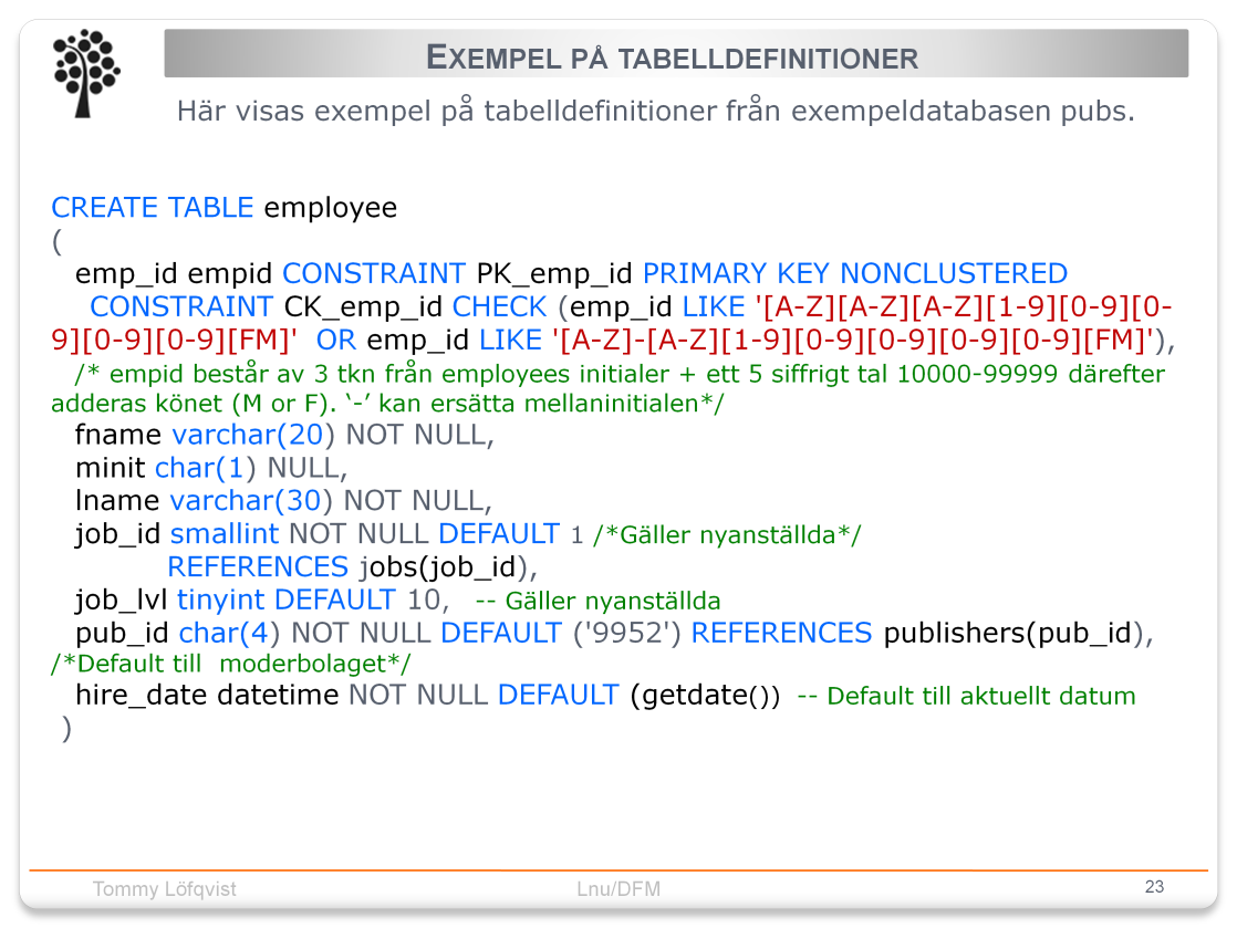 I definitionerna kan vi se att man använt constraints ihop med kolumndefinitioner, att man ibland använt constraintnamn och ibland inte.