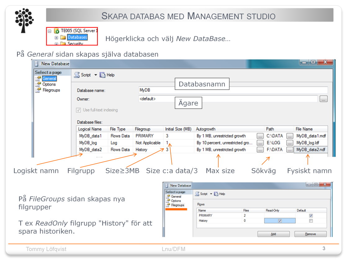 Lägg märke till att data och loggfilerna har både ett logiskt namn, t ex. MyDB, som används internt och ett fysiskt namn, tex.c:\data\mydbase.mdf, som används externt.