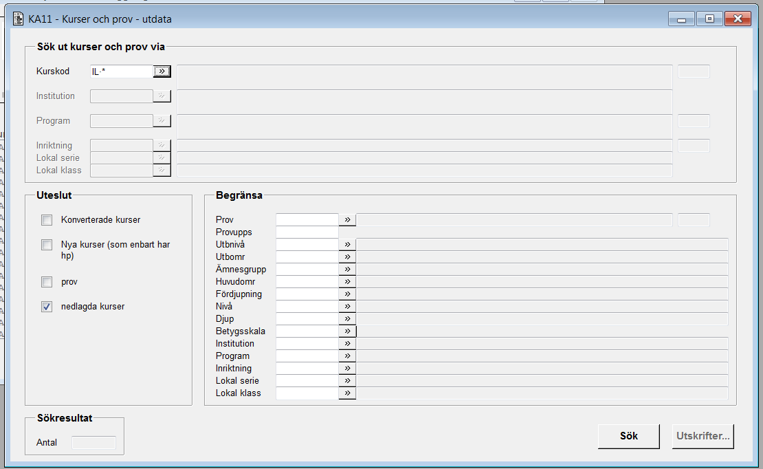 Carina Ytterström 2016-02-04 7 (11) Bild 2 (Begränsa-fälten öppna) KA11 Kurser och prov - utdata Senast uppdaterad 2016-02-04 Allmänt om funktionen Den här funktionen används för att ta fram