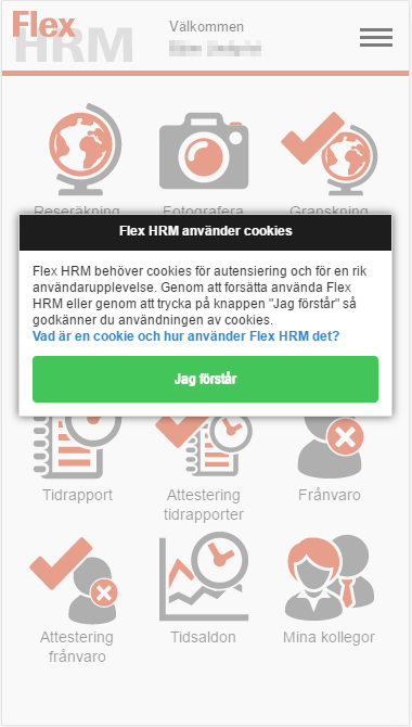 Användarmeddelande Flex HRM Time, version 162 23 Information om Cookies Första gången du loggar in i Flex HRM och Flex HRM Mobile efter uppdatering till version 162 kommer du att få upp en