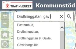 Söka Adress För att söka adress/gata skriv adressen i sökrutan så kommer det förslag på den skrivna adressen. Du kan t.ex. söka efter adress och stad. Adress och stad separeras med, (kommatecken).