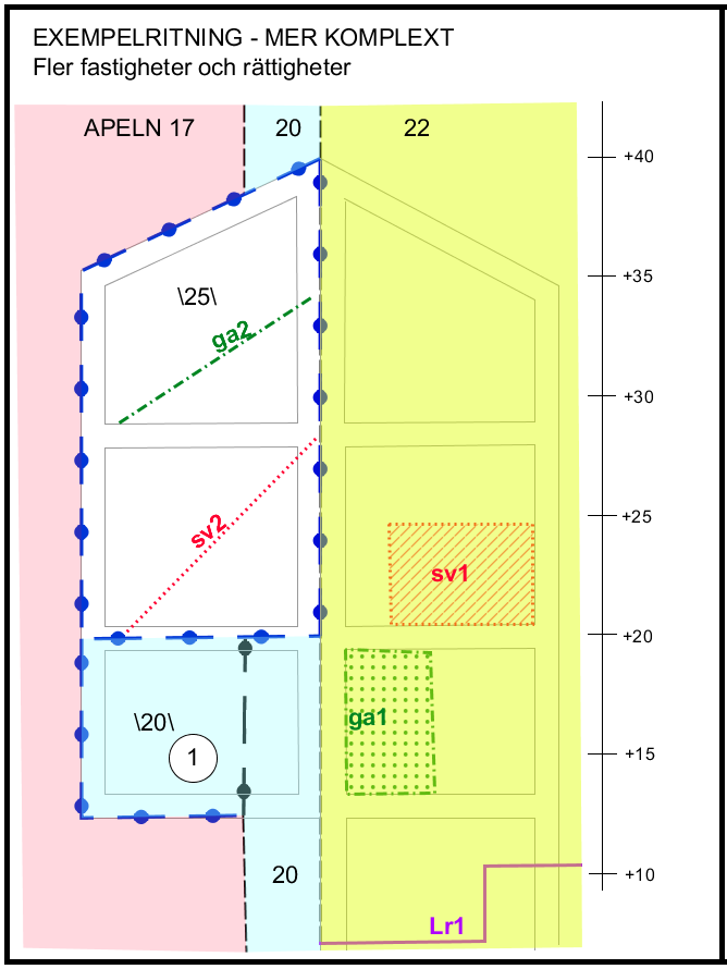 I grunden tre st 2D-fastigheter som markerats med varsin färg (Apeln 17, 20 och 22). Fastighetsreglering av 3D-utrymme (fig 1) från Apeln 17 till Apeln 20. Avstyckning av 3D-fastighet (Apeln 25).