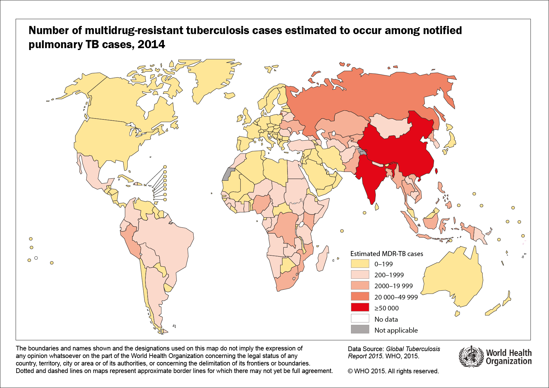 Figur 5. Rapporterade fall av läkemedelsresistent lungtuberkulos i världen år 2014. Vården av MDR- och XDR-tuberkulosfall är mycket svårare än vården av läkemedelskänslig tuberkulos.