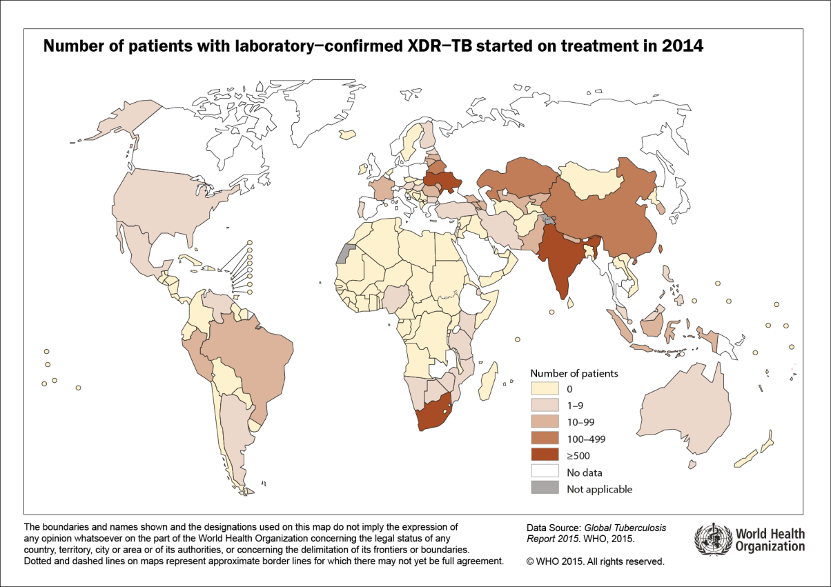 Figur 6. Antalet säkerställda XDR-tuberkulosfall, där vård päbörjats 2014. Tuberkulos inom WHO:s europeiska område År 2014 rapporterade inom WHO: s europeiska region 329 270 nya fall av tuberkulos.