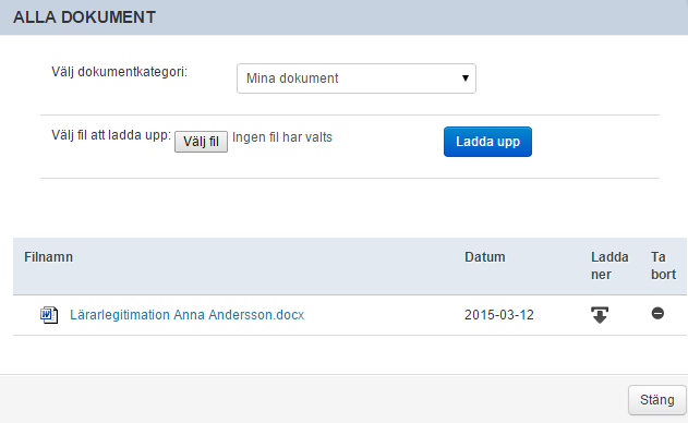 Ladda upp/öppna dokument (examensbevis/lärarlegitimation) 1 Om du vill ladda upp en legitimation åt en medarbetare: Klicka på fliken Mina medarbetare (exempelvis examensbevis/legitimation) 2 Klicka