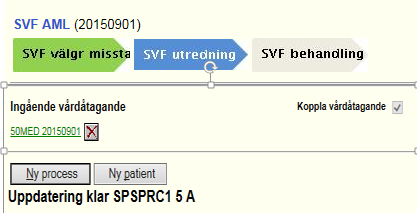 Fortsättning från föregående sida 4. Tryck på Ingående vårdåtagande 5. Ny info i vårdprocessen visas. Om MDK (multidisciplinär konferens) genomförts, fyll i datum och välj kod VN635.