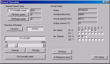 Idrifttagning Idrifttagning med PC och MOVITOOLS I 0 5 Manuell drift Bild 12: Definiera referenskörning i manuell drift 10715AEN Ställ in börhastigheten med [F7=Variable speed], [F8=Slow speed] eller