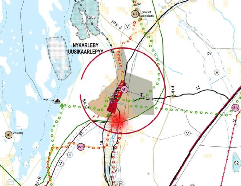 1-12 Bild 9. Utdrag ur Österbottens landskapsplan. Riktgivande läge anvisat med röd färg.