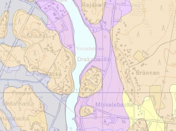 1-8 Jordmån Jordmånen på planläggningsområdet domineras av finmo, i södra delen av området förekommer finkornig morän. Informationskälla; GTK. Bild 5. Jordmånskarta.