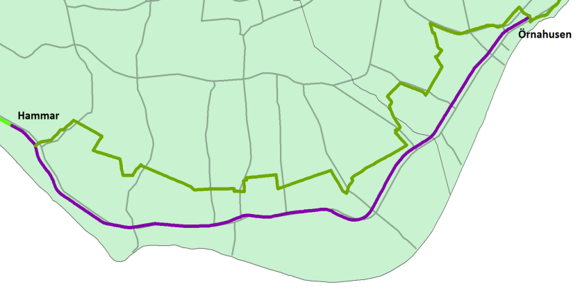 Alternativ sträckning: En alternativ sträckning en bit in från kusten är möjlig på det lågtrafikerade nätet och innebär en omväg på 1,4 km.