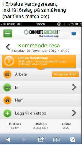 Commute Greener En app för smarta telefoner och för Facebook där man får konkret stöd i att pendla miljövänligare, t.ex. genom förslag på busstider, samåkning och cykelrutter.