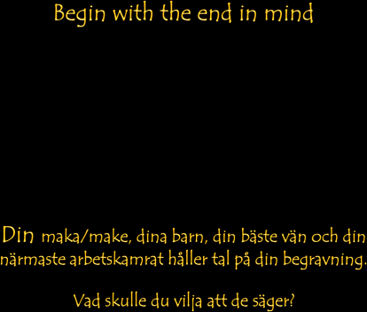 1022 1023 Föreställ dig din egen begravning om tre år Din bäste vän, din partner, ditt barn, din chef och en nära arbetskamrat håller var sitt tal över dig Vad skulle du önska att de säger om din