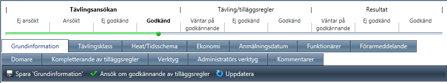 Ansök om godkännande av tävlingsinställningar och tilläggsregler Men för att tävlingens supervisor ska kunna godkänna behöver du göra ett sista klick.