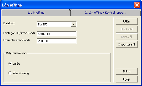 Välj Lån / Lån offline i huvudmenyn för att utföra offlinelån. En fråga om man vill nollställa transaktionsfilen visas. Klicka normalt på Nej.