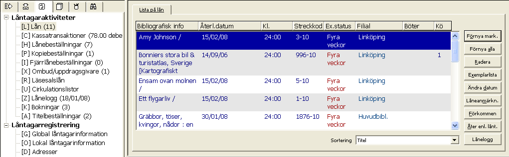 Skriv ut Klicka på Skriv ut för att skriva ut ett kvitto på lån för den markerade låntagaren.