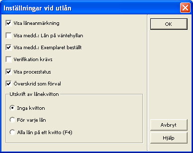 Visa låneanmärkning Välj detta alternativ för att visa den låneanmärkning som matades in i exemplarposten (i exemplarfunktionen). Visa medd.