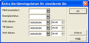 6.2 Återlämningsdatum för utestående lån 6.2.1 Grupp av exemplar Man kan ändra återlämningsdatum för en grupp av exemplar som motsvarar angivna kriteria.