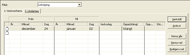 Veckoschemat ger möjlighet att definiera nedanstående för varje veckodag: Öppet/stängt Huruvida biblioteket är öppet eller stängt på denna dag. Öppnar kl.