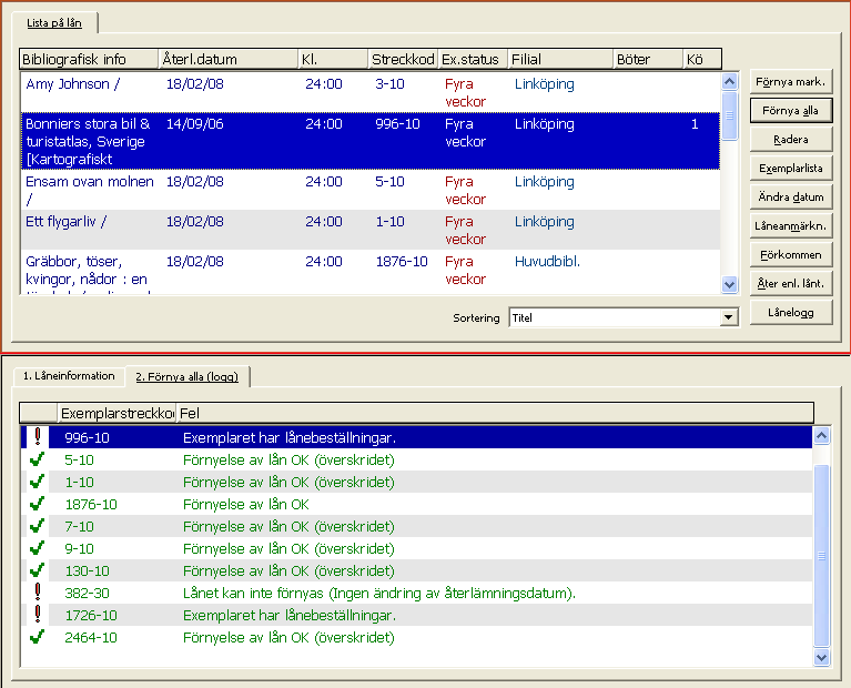 ALEPH kontrollerar först om det finns några generella hinder för förnyelser av lånen, t.ex. att lånekortets giltighetstid har gått ut.