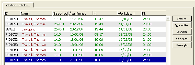 Ytterligare information om låntagaren eller exemplaret finns tillgängliga i andra funktioner.