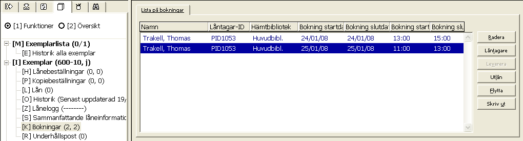 Markera önskad bokningsperiod och klicka på OK. 10.4 Visa och radera en bokning Information om en bokning är tillgänglig via alternativet Bokning i både låntagarfunktionen och exemplarfunktionen.