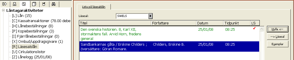 11. LÄSESALSLÅN Låneklienten har en särskild funktion för hantering av läsesalslån. Registrering sker när materialet lämnas ut till låntagaren och när det lämnas tillbaka till hyllan i läsesalen.