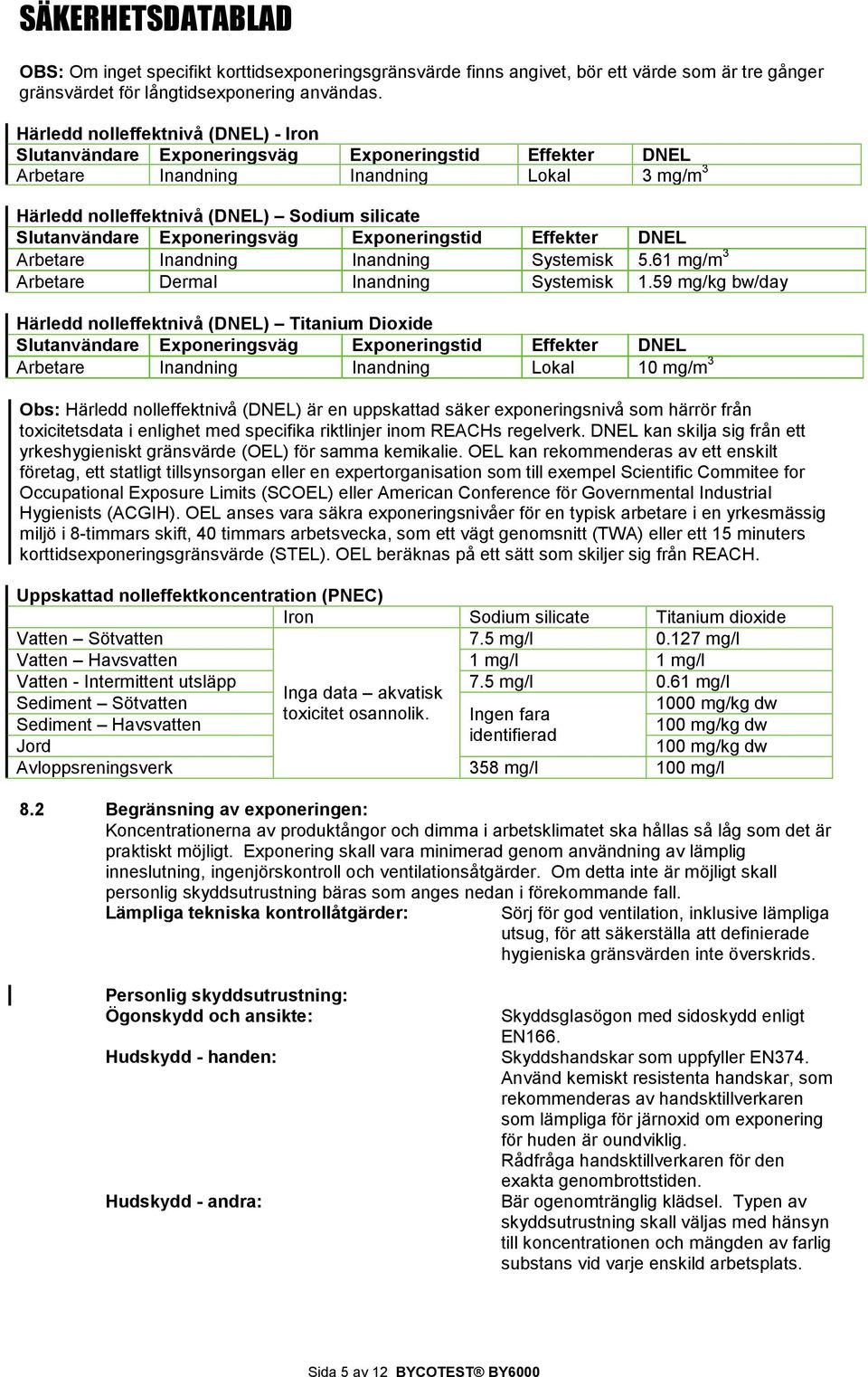 Exponeringsväg Exponeringstid Effekter DNEL Arbetare Inandning Inandning Systemisk 5.61 mg/m 3 Arbetare Dermal Inandning Systemisk 1.