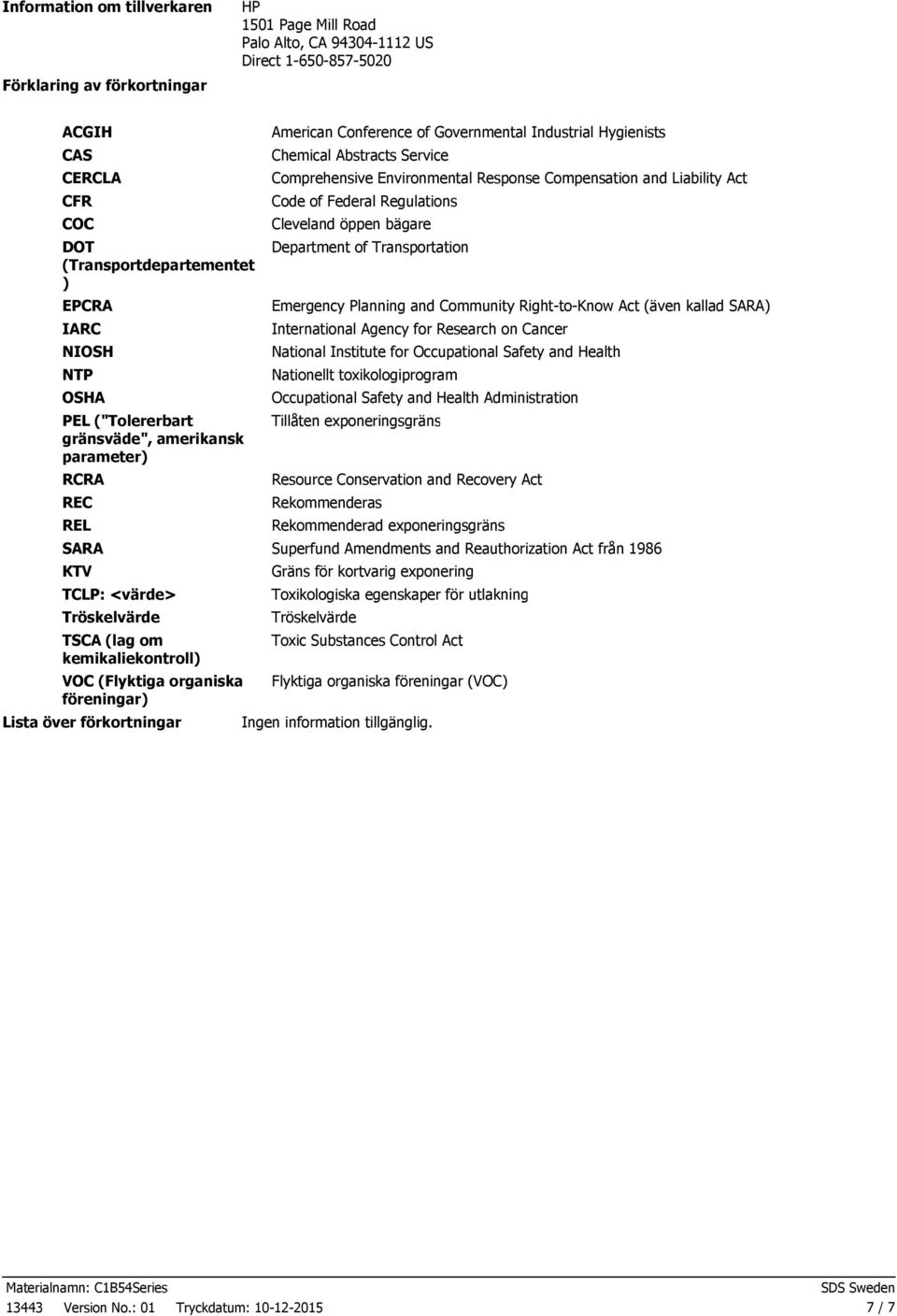 förkortningar American Conference of Governmental Industrial Hygienists Chemical Abstracts Service Comprehensive Environmental Response Compensation and Liability Act Code of Federal Regulations