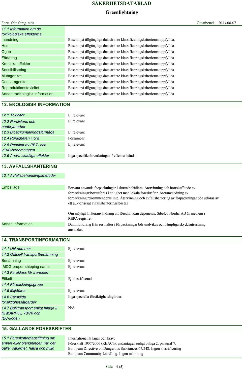 6 Andra skadliga effekter specifika biverkningar / effekter kända. 13. AVFALLSHANTERING 13.1 Avfallsbehandlingsmetoder Emballage Förvara använda förpackningar i slutna behållare.