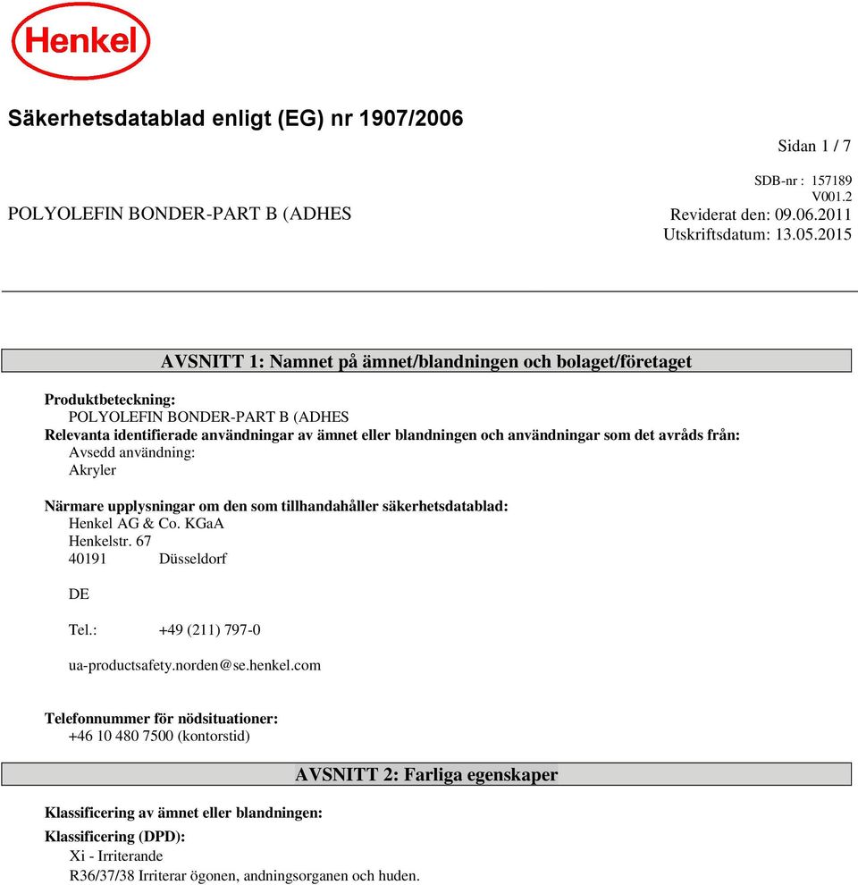 som det avråds från: Avsedd användning: Akryler Närmare upplysningar om den som tillhandahåller säkerhetsdatablad: Henkel AG & Co. KGaA Henkelstr. 67 40191 Düsseldorf DE Tel.