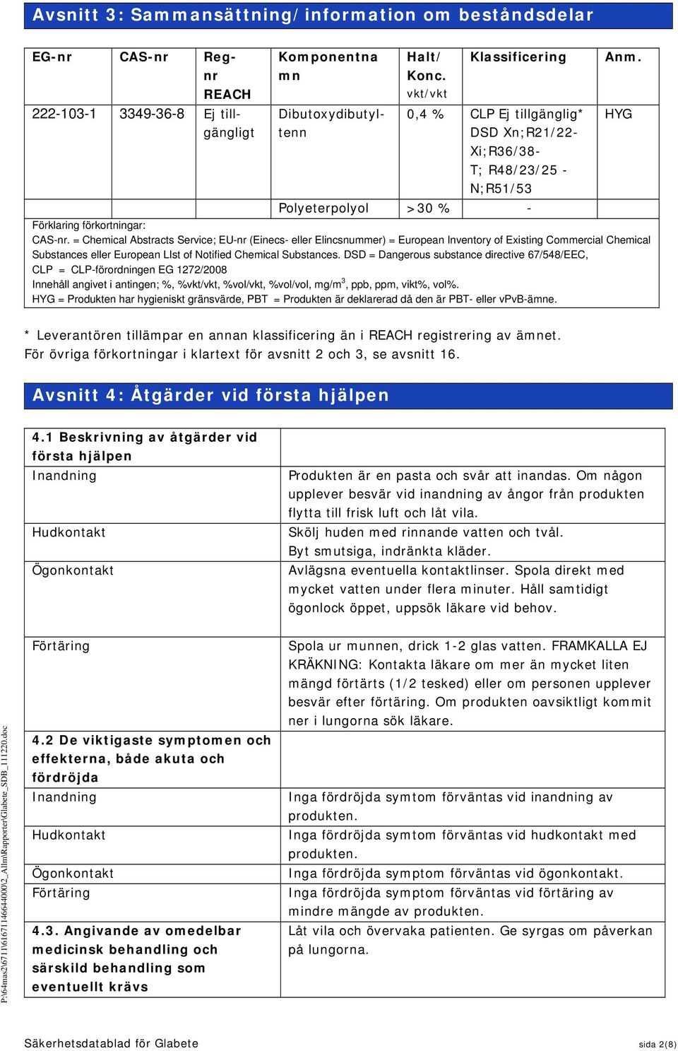 = Chemical Abstracts Service; EUnr (Einecs eller Elincsnummer) = European Inventory of Existing Commercial Chemical Substances eller European LIst of Notified Chemical Substances.