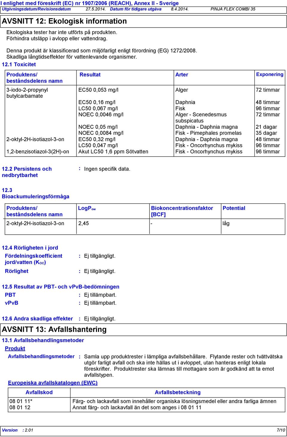 2/2008. Skadliga långtidseffekter för vattenlevande organismer. 12.