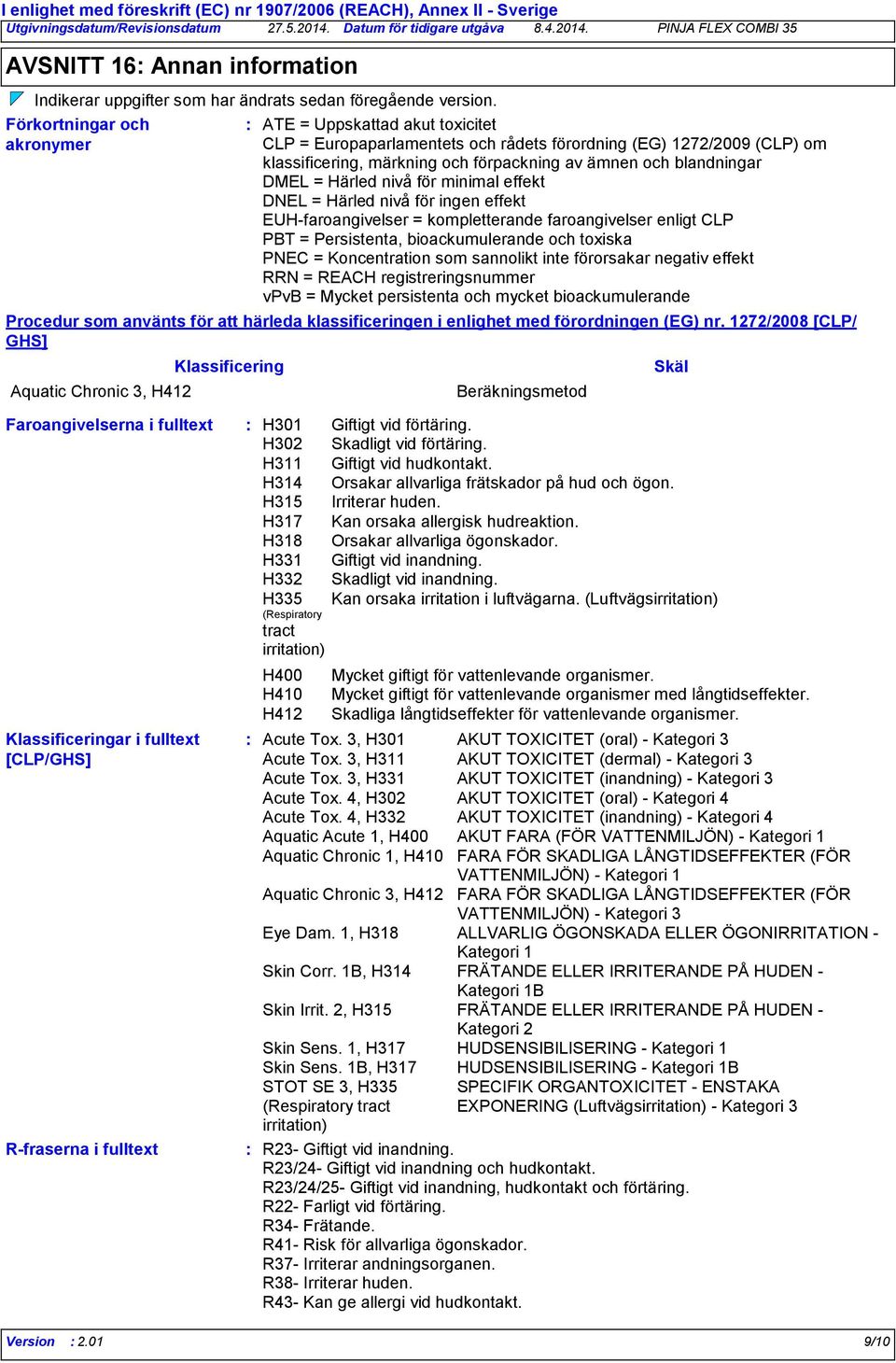 Förkortningar och akronymer ATE = Uppskattad akut toxicitet CLP = Europaparlamentets och rådets förordning (EG) 1272/2009 (CLP) om klassificering, märkning och förpackning av ämnen och blandningar