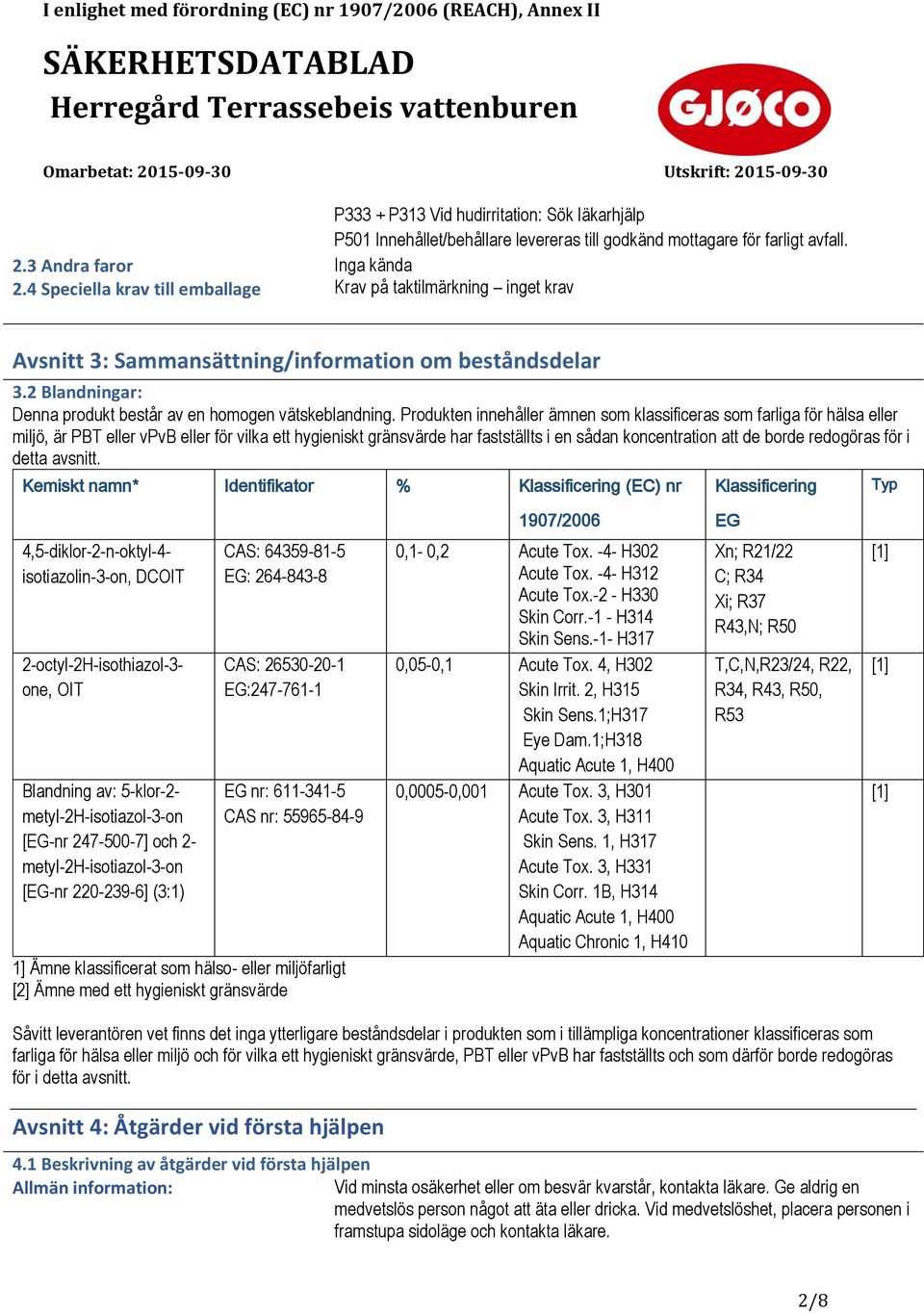 Produkten innehåller ämnen som klassificeras som farliga för hälsa eller miljö, är PBT eller vpvb eller för vilka ett hygieniskt gränsvärde har fastställts i en sådan koncentration att de borde