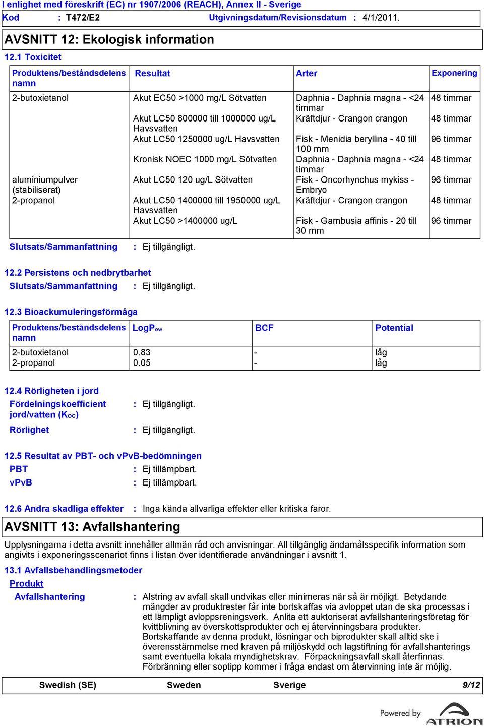 Akut LC50 1250000 ug/l Havsvatten Fisk - Menidia beryllina - 40 till 100 mm Kronisk NOEC 1000 mg/l Sötvatten Daphnia - Daphnia magna - <24 timmar aluminiumpulver Akut LC50 120 ug/l Sötvatten Fisk -