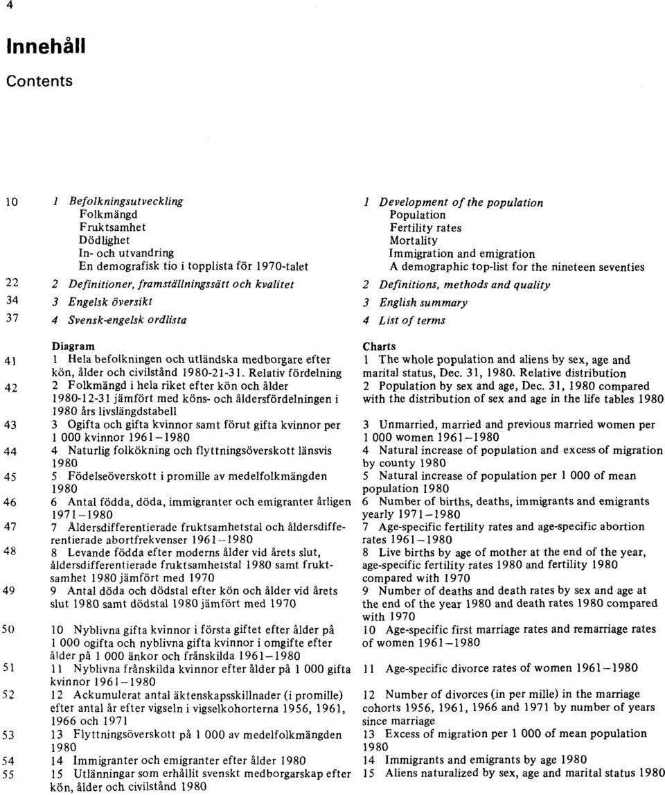 Relativ fördelning 42 2 Folkmängd i hela riket efter kön och ålder 1980-12-31 jämfört med köns- och åldersfördelningen i 1980 års livslängdstabell 43 3 Ogifta och gifta kvinnor samt förut gifta