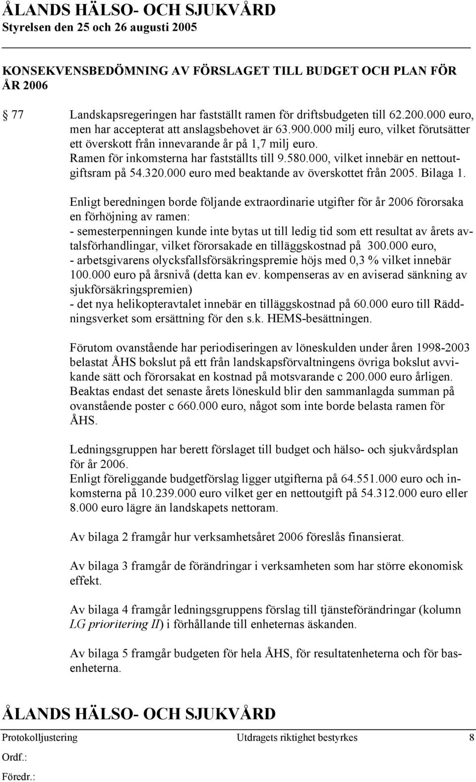 000 euro med beaktande av överskottet från 2005. Bilaga 1.