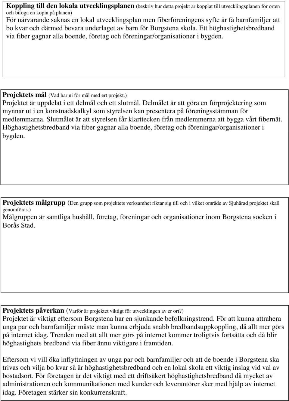 Ett höghastighetsbredband via fiber gagnar alla boende, företag och föreningar/organisationer i bygden. Projektets mål (Vad har ni för mål med ert projekt.