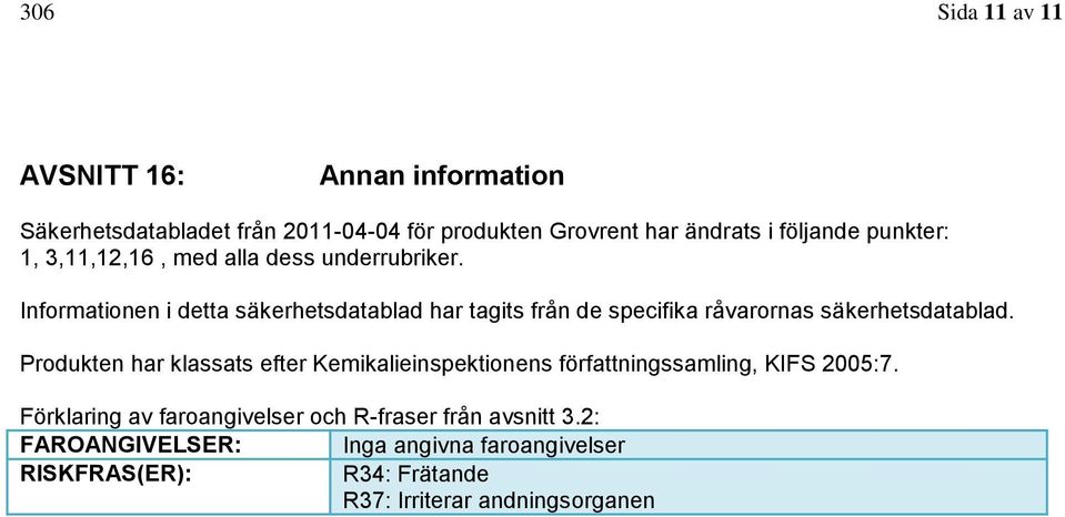 Informationen i detta säkerhetsdatablad har tagits från de specifika råvarornas säkerhetsdatablad.