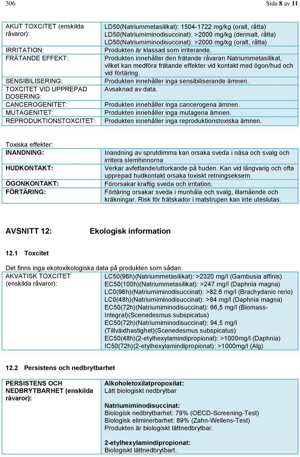 irriterande. Produkten innehåller den frätande råvaran Natriummetasilikat, vilket kan medföra frätande effekter vid kontakt med ögon/hud och vid förtäring.