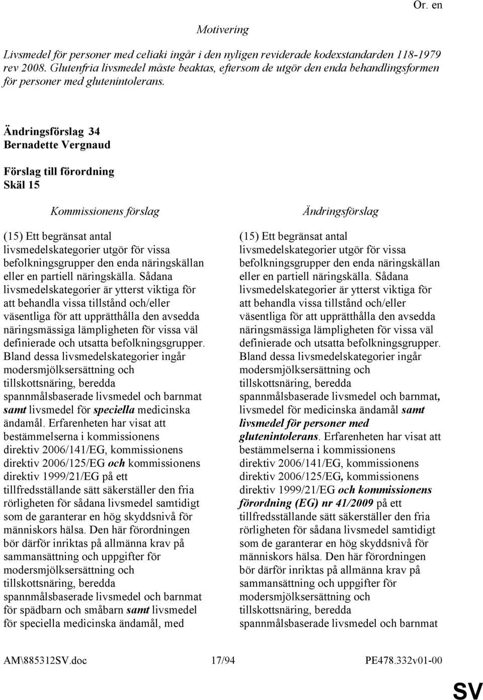 34 Bernadette Vergnaud Skäl 15 (15) Ett begränsat antal livsmedelskategorier utgör för vissa befolkningsgrupper den enda näringskällan eller en partiell näringskälla.