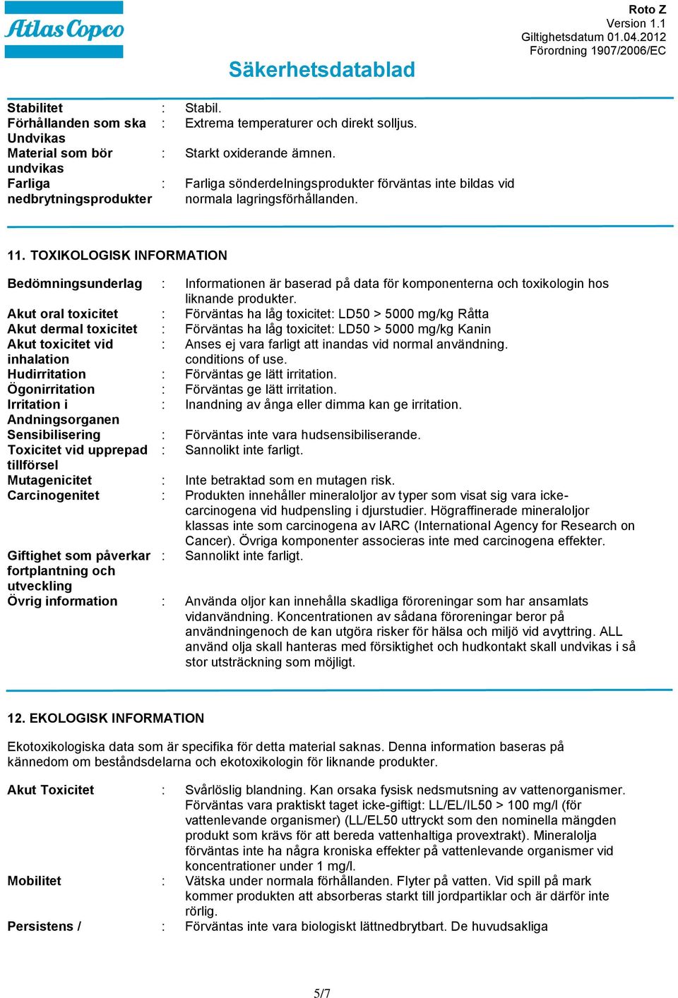 TOXIKOLOGISK INFORMATION Bedömningsunderlag : Informationen är baserad på data för komponenterna och toxikologin hos liknande produkter.