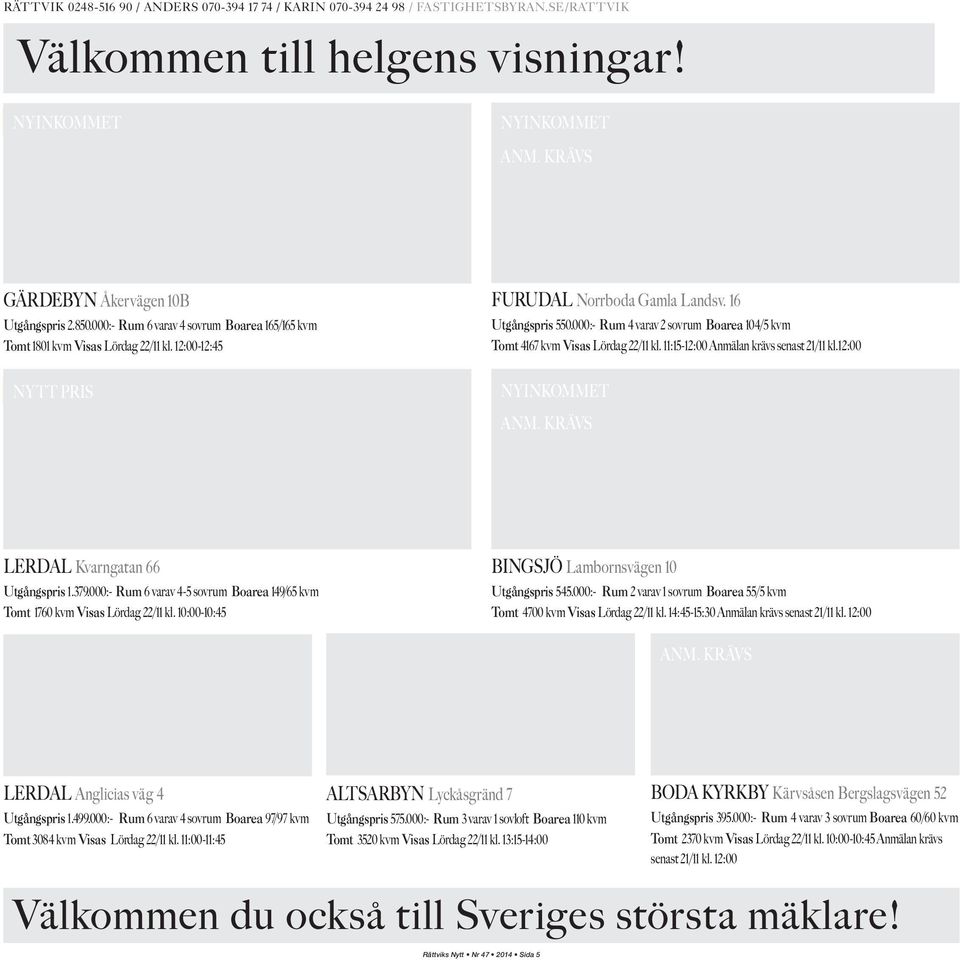 000:- Rum 4 varav 2 sovrum Boarea 104/5 kvm Tomt4167 kvm Visas Lördag 22/11 kl. 11:15-12:00 Anmälan krävs senast 21/11 kl.12:00 NYINKOMMET ANM. KRÄVS LERDAL Kvarngatan 66 Utgångspris 1.379.