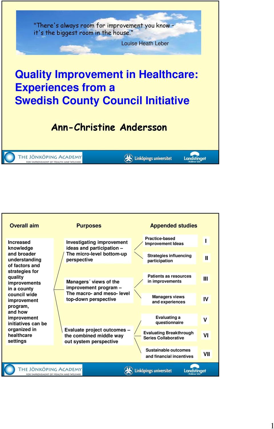 broader understanding of factors and strategies for quality improvements in a county council wide improvement program, and how improvement initiatives can be organized in healthcare settings